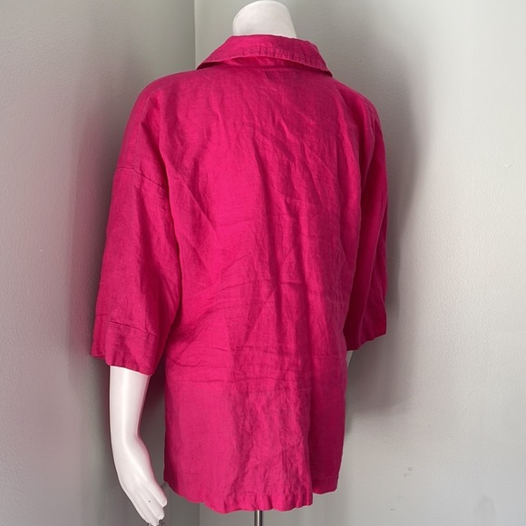 FLAX Pink Linen Lagenlook Button Front Collared Blouse - Picture 5 of 7